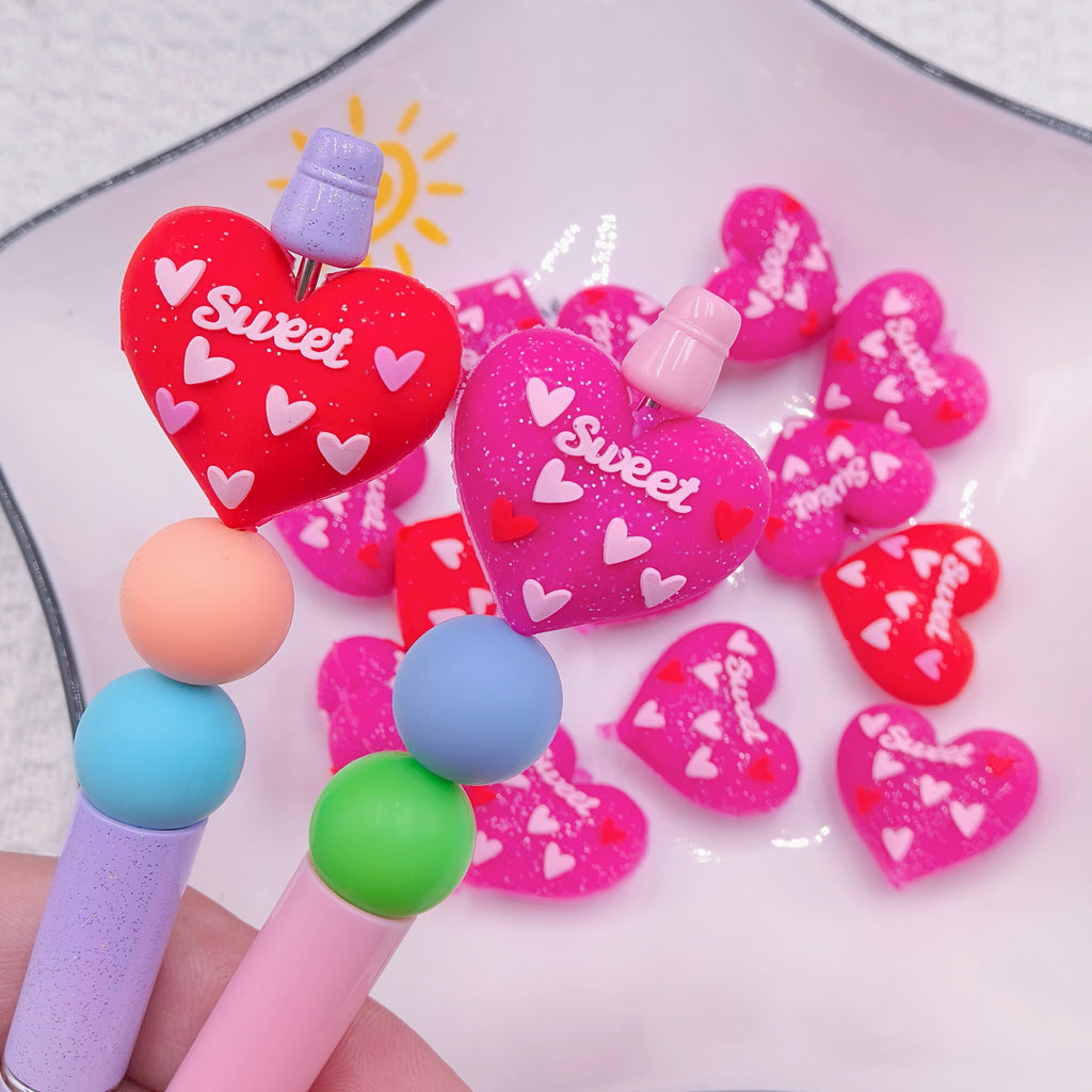 Silicone 3D Focal Beads Valentine Love Heart Raised Sweet Script 20pcs