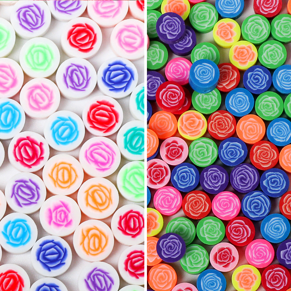 Flat Flower Clay Beads 10mm Colorful Rose Pattern Polymer 100pcs