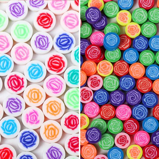 Flat Flower Clay Beads 10mm Colorful Rose Pattern Polymer 100pcs