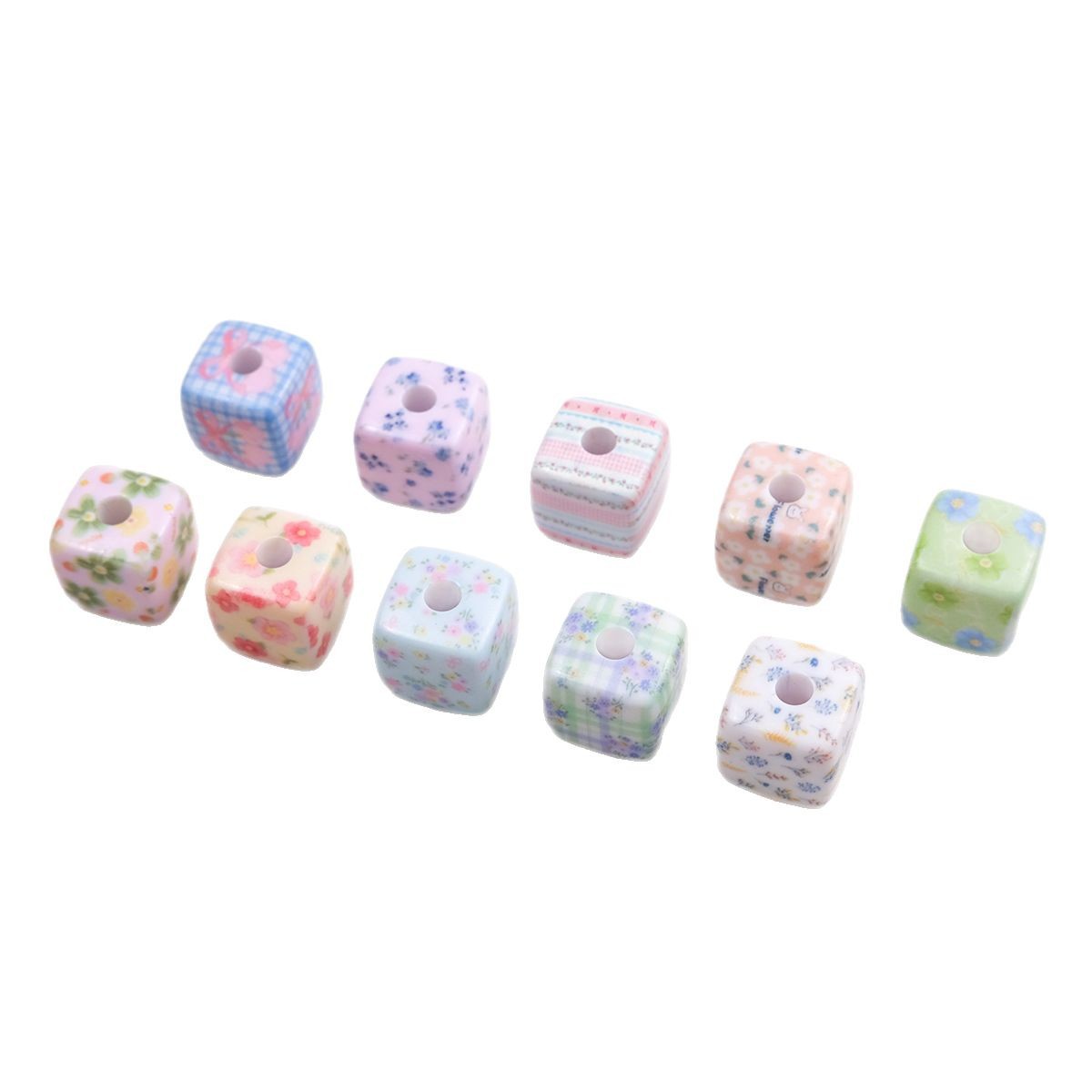 Vintage Spring Floral Plaid Square Acrylic Beads 13mm 50pcs 4