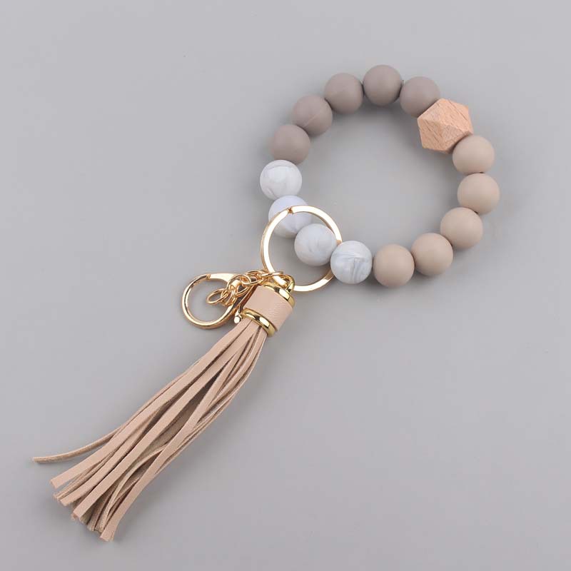 Silicone Beaded Wristlet Keychain with Leather PU Tassel in Pastel Colors 11