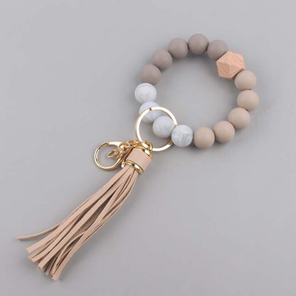 Silicone Beaded Wristlet Keychain with Leather PU Tassel in Pastel Colors 11
