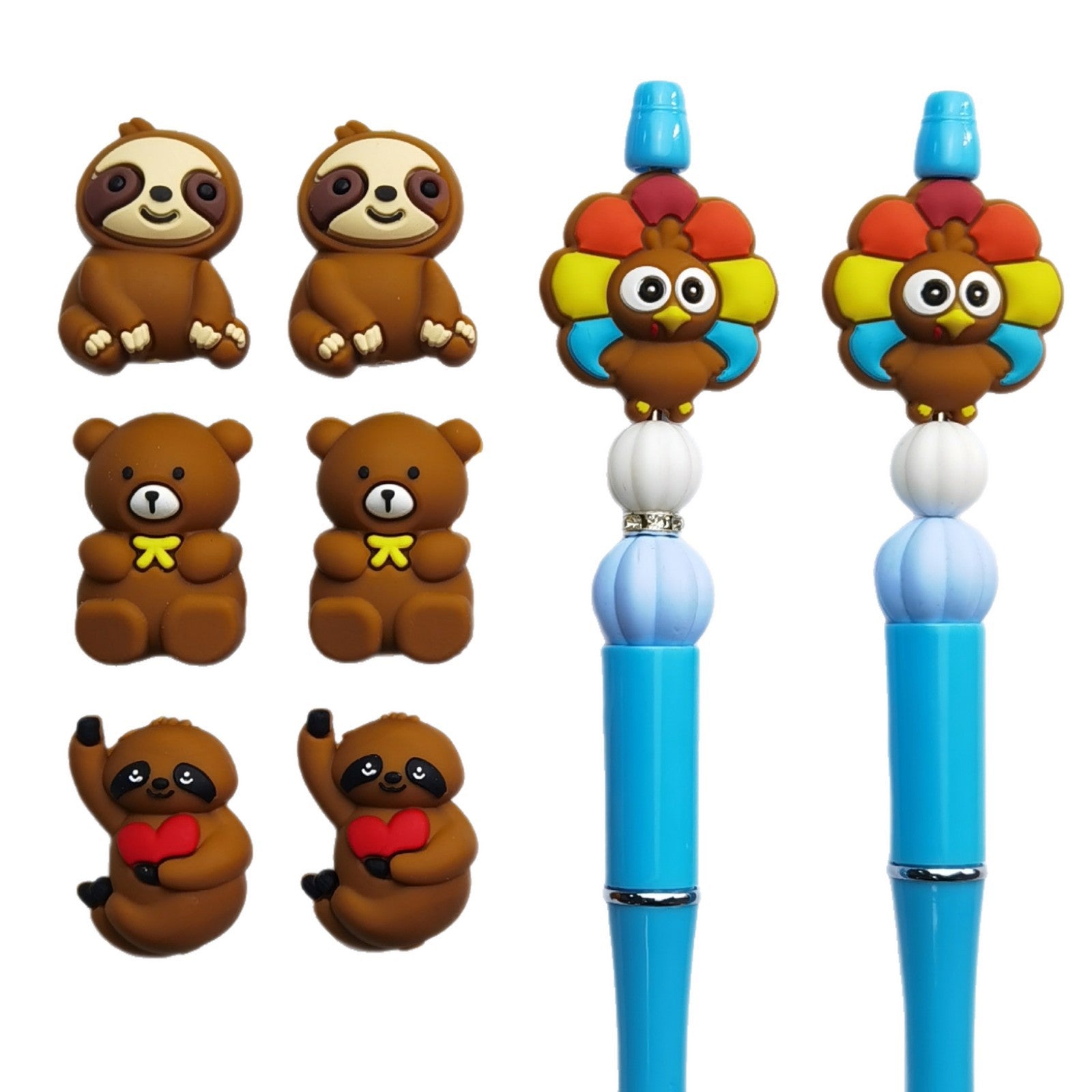 Silicone 3D Focal Beads Cartoon Animal Sloth Raised Arm Turkey Feather Fan 20pcs