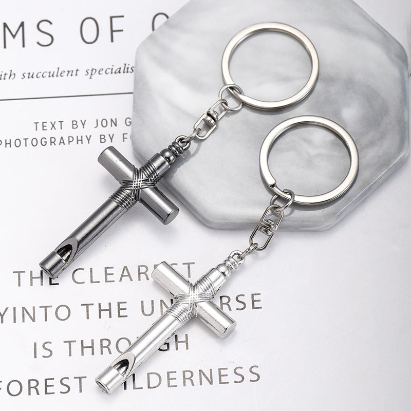 Alloy Cross Whistle Keychain Zinc Metal Industrial Style Silver Black