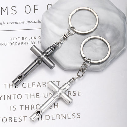 Alloy Cross Whistle Keychain Zinc Metal Industrial Style Silver Black