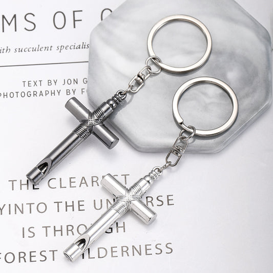 Alloy Cross Whistle Keychain Zinc Metal Industrial Style Silver Black