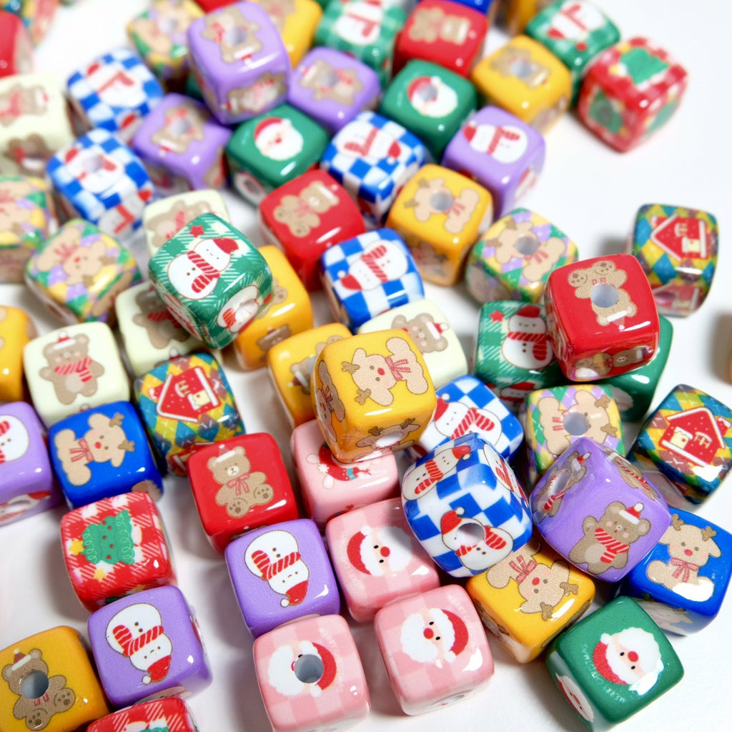 Christmas Square Acrylic Beads 14mm Colorful Printed 10pcs 2