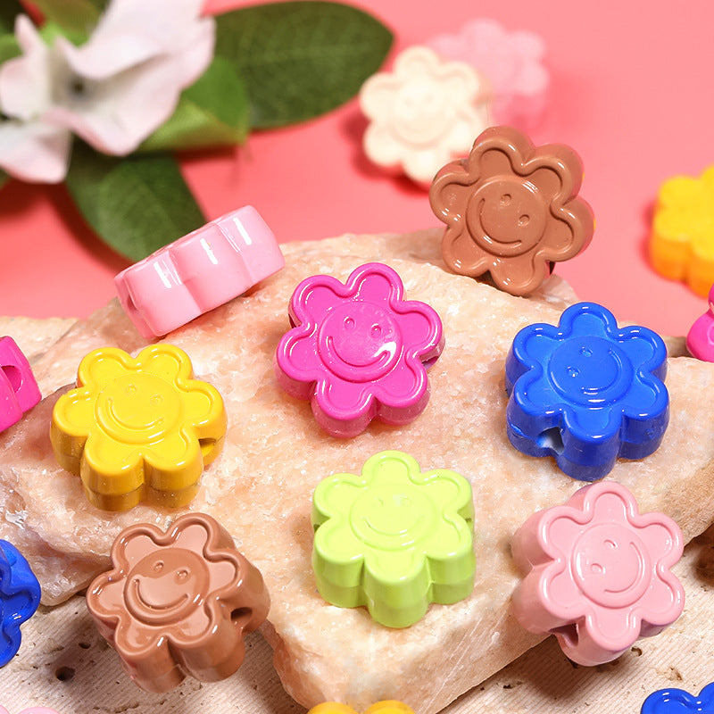 Painted Smiley Face Sunflower Acrylic Beads 19mm Colorful Glossy 50pcs