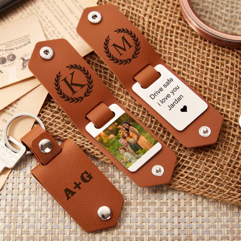 PU Leather Blank Sublimation Photo Keychain Brown Laurel Wreath Snap Closure