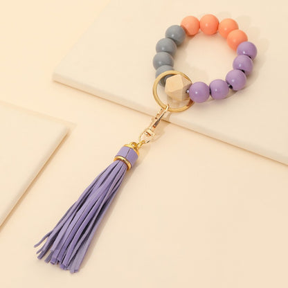 Wooden Beads Tassel Wristlet Keychain Natural Texture Pastel Colors 4