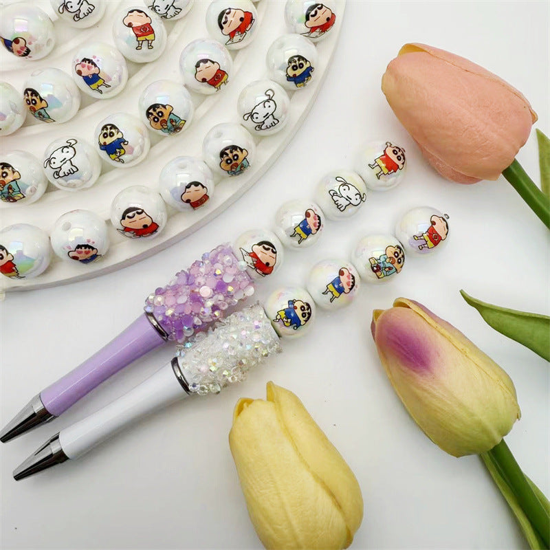 Plating Acrylic Beads 16mm White Shin Chan Printed Glossy 50pcs 3