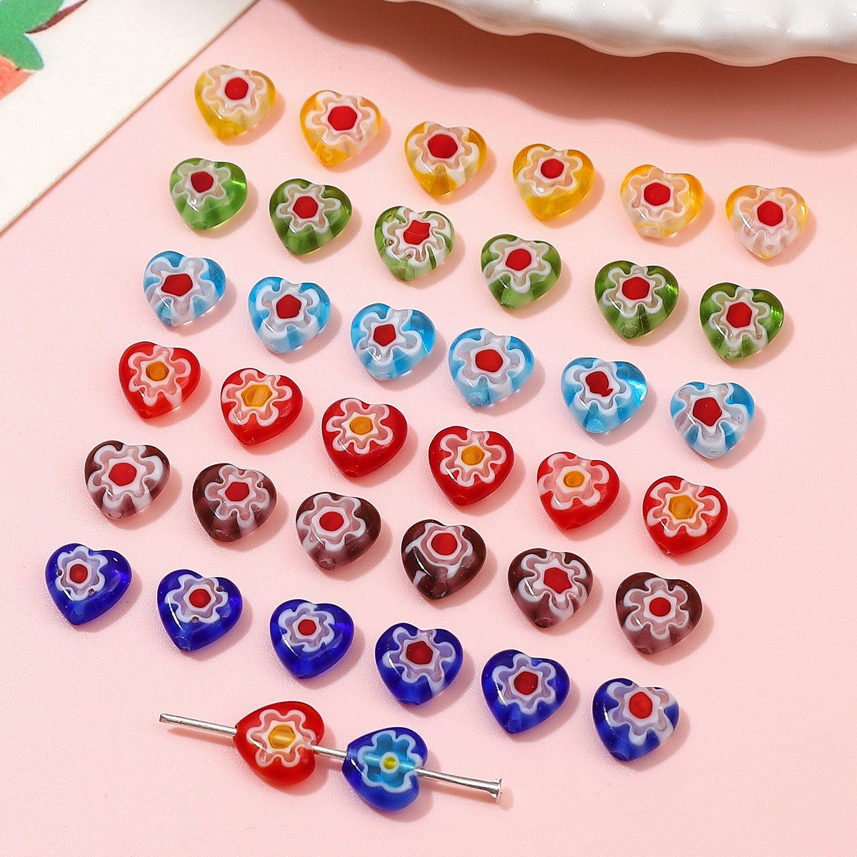 Millefiori Flower Glass Beads 8mm Colored Heart Shape 20pcs