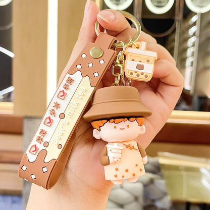 Silicone Cartoon Couple Keychain Bubble Tea Bear Charm with Strap 7