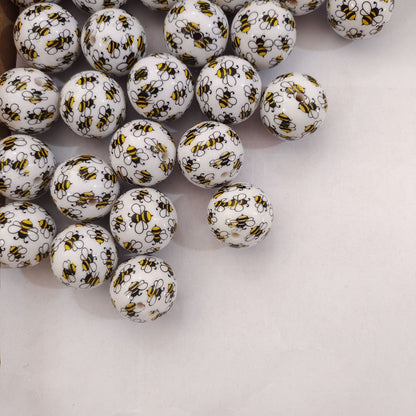 Printed Bubblegum Beads 20mm Adorable Bee Pattern White 10pcs
