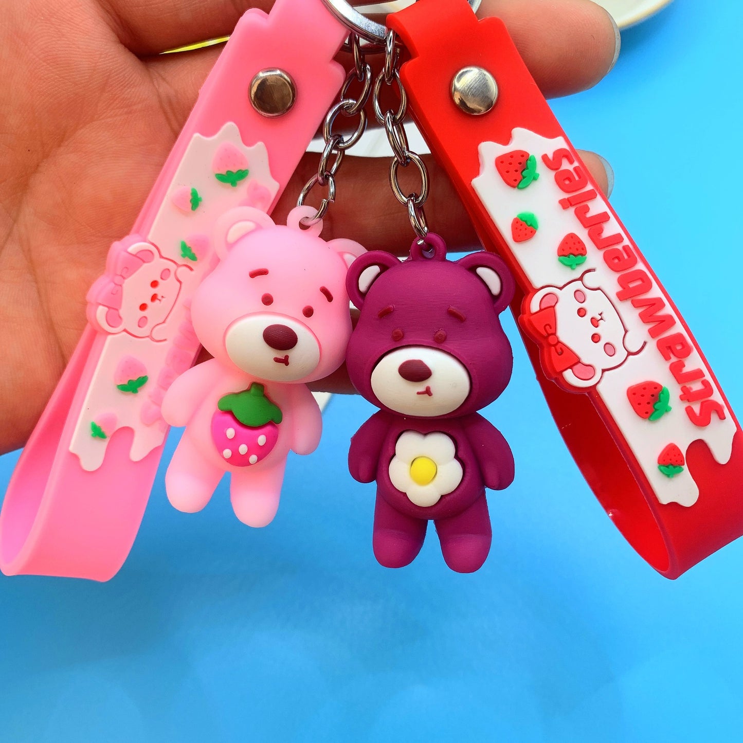 Silicone Bear Couple Keychain Pink and Burgundy with Strawberry and Flower Charm