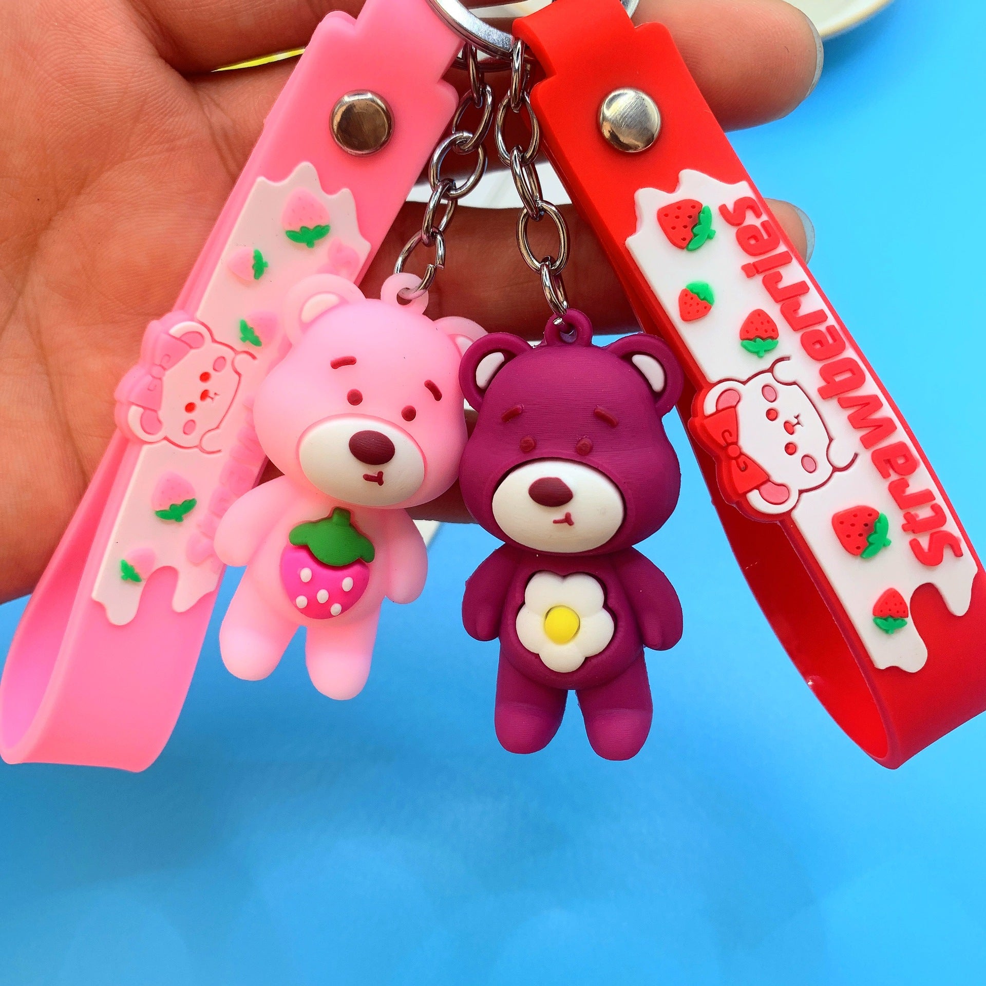 Silicone Bear Couple Keychain Pink and Burgundy with Strawberry and Flower Charm