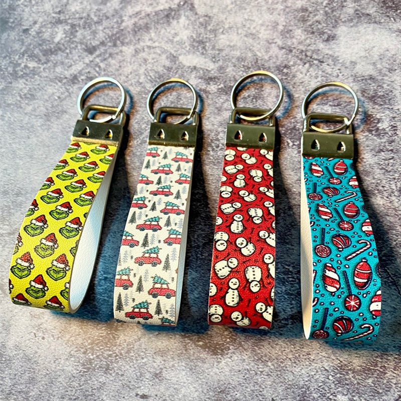 Christmas Leather Wristlet Keychain Santa Jingle Bells Gold Tree 2