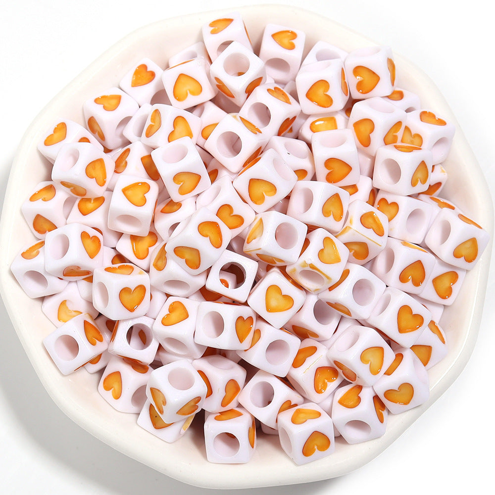 Square Acrylic Beads 6.7mm Glossy Dripping Oil Love Design 100pcs 13