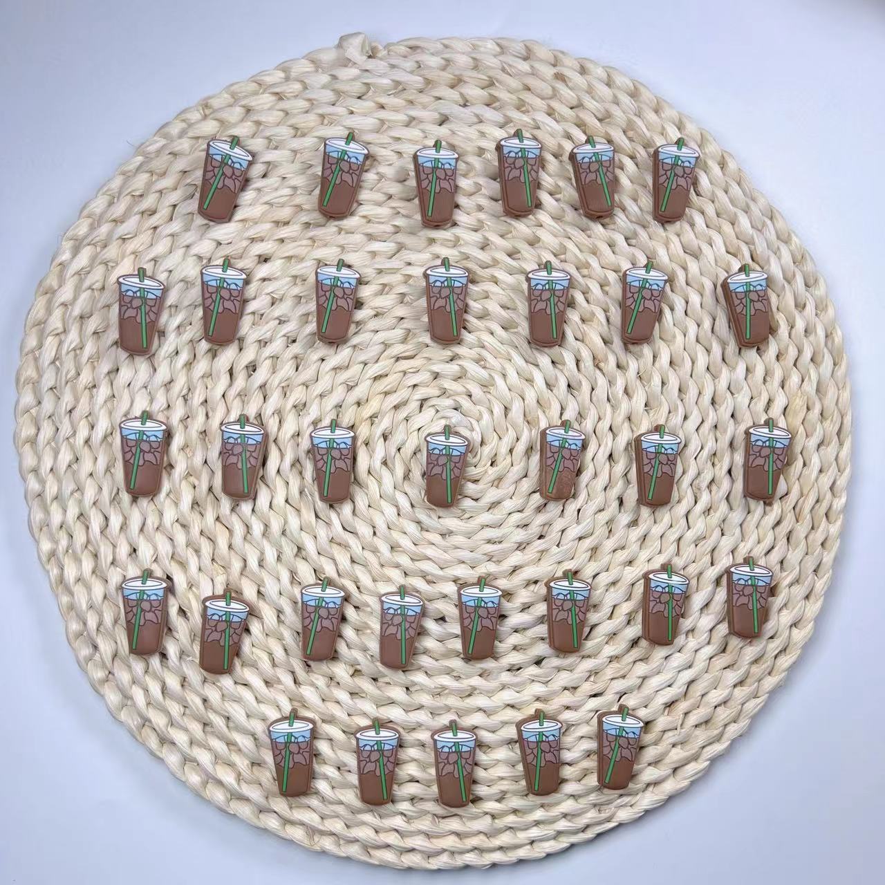 Silicone Focal Beads Camel Milk Tea Cup With Green Straw 20pcs 3