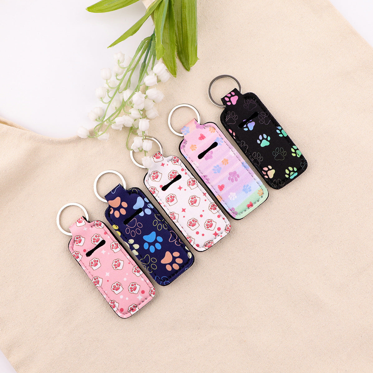 Paw Print Chapstick Holder Neoprene Functional Keychain 3pcs 2