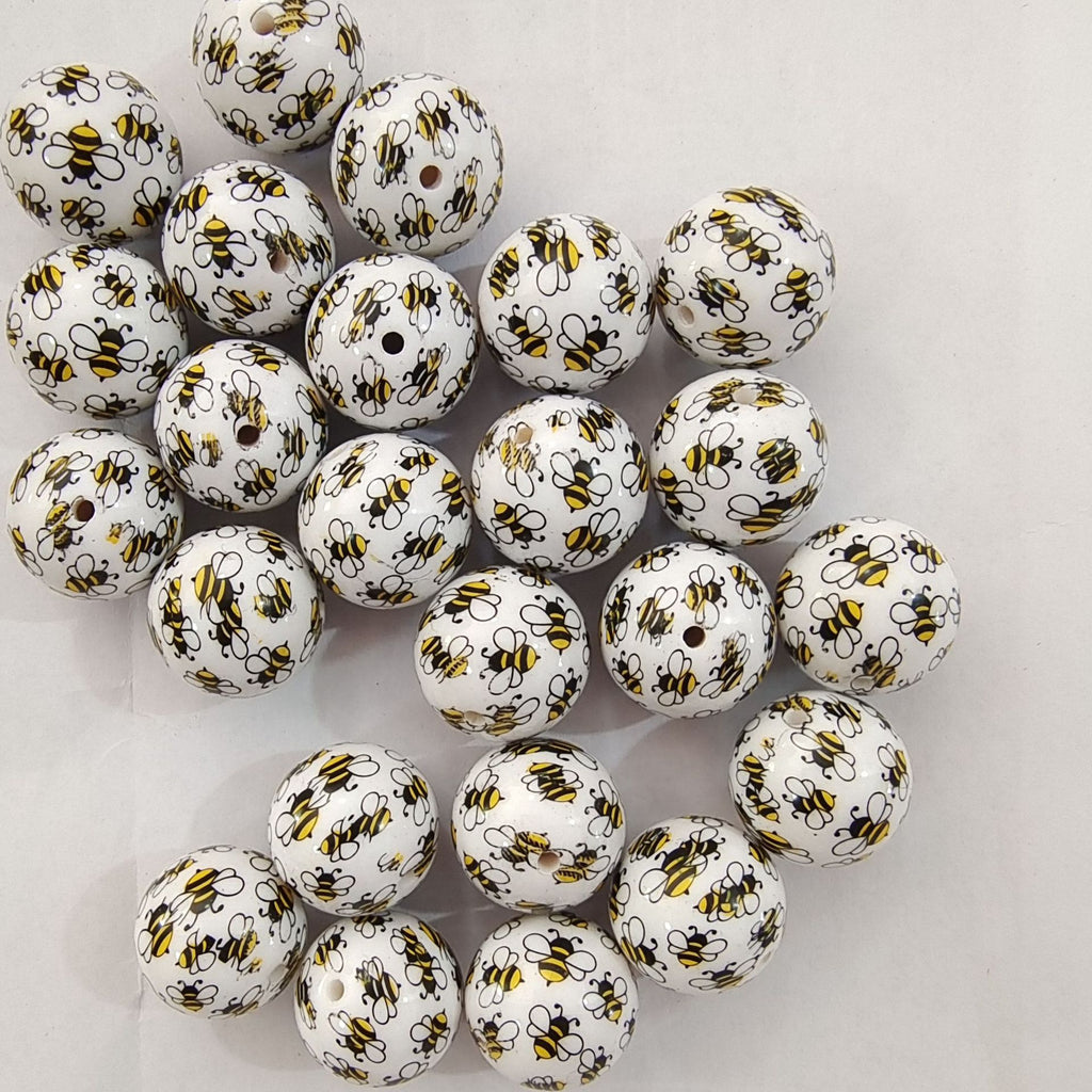 Printed Bubblegum Beads 20mm Adorable Bee Pattern White 10pcs 2