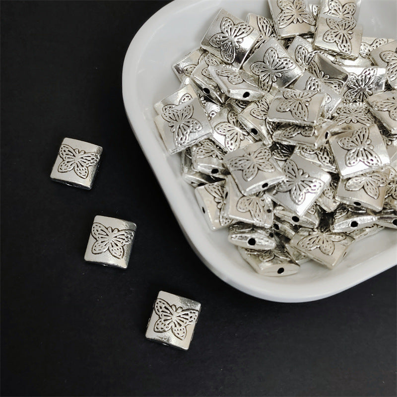 Square Metal Beads 10mm Butterfly Pattern Antique Silver Tone 100pcs 2