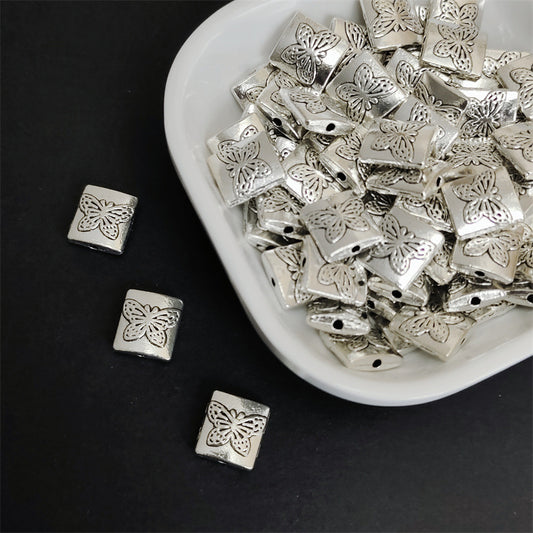 Square Metal Beads 10mm Butterfly Pattern Antique Silver Tone 100pcs 2
