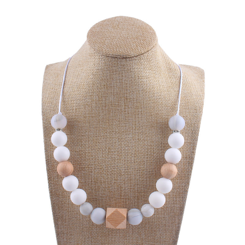 Octagon Silicone Beaded Keychain Necklace Matte Black White Wood 6
