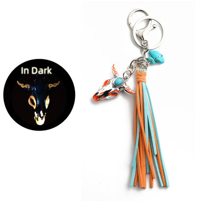Western Glow in the Dark Ox Skull Keychain Metal Turquoise Tassel 7