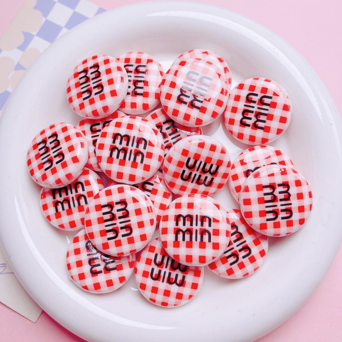 Flat Acrylic Beads 27mm Plaid Pattern Brand Logo Printed 5pcs 7