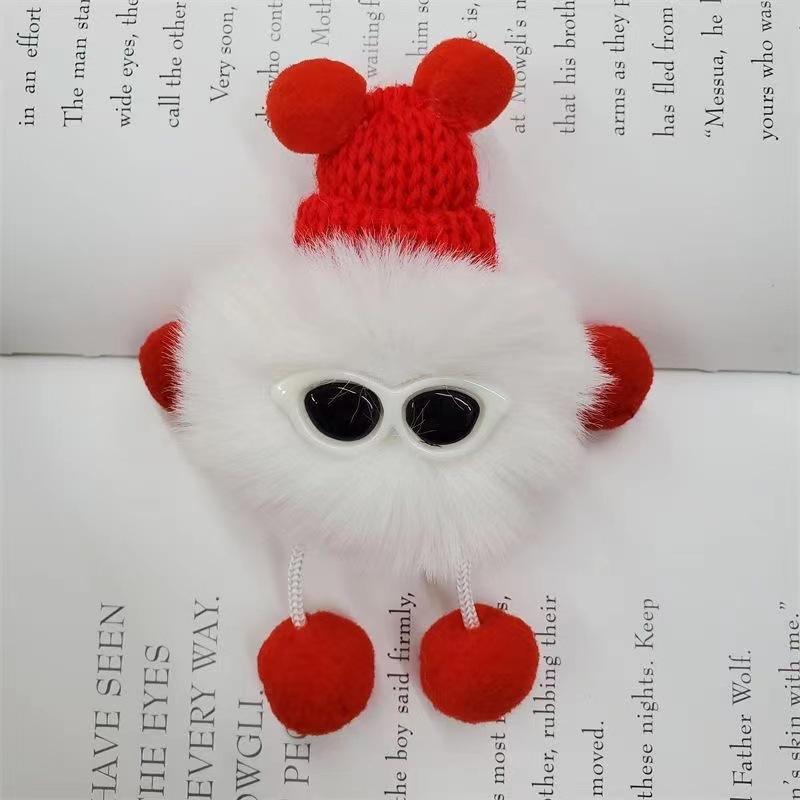 Fluffy Pom Pom Monster Doll Keychain with Sunglasses and Knitted Hat 3