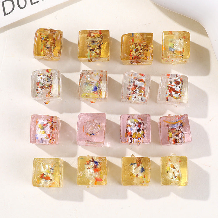 Lampwork Glass Beads Cube 10mm Silver Foil Confetti 4pcs