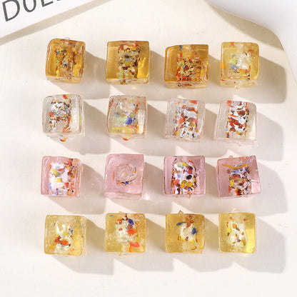 Lampwork Glass Beads Cube 10mm Silver Foil Confetti 4pcs