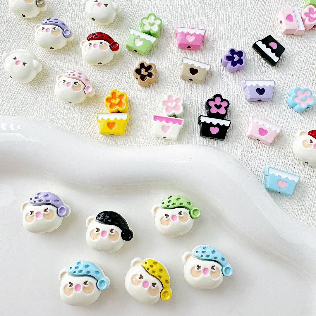 Baking Painted Teddy Bear and Flowerpot Metal Beads 15mm 10pcs 2