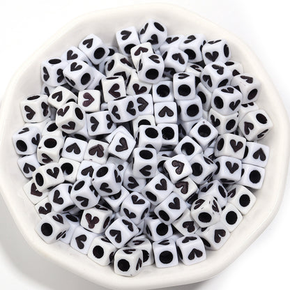 Square Acrylic Beads 6.7mm Glossy Dripping Oil Love Design 100pcs 17