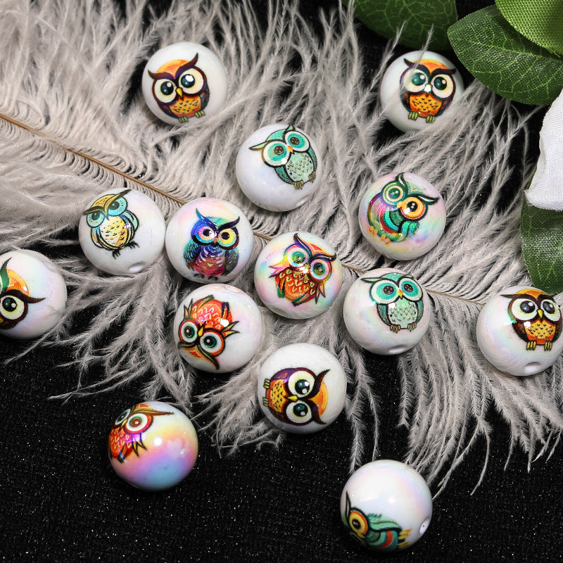 UV Plating Owl Round Acrylic Beads 16mm Glossy Printed 50pcs 3