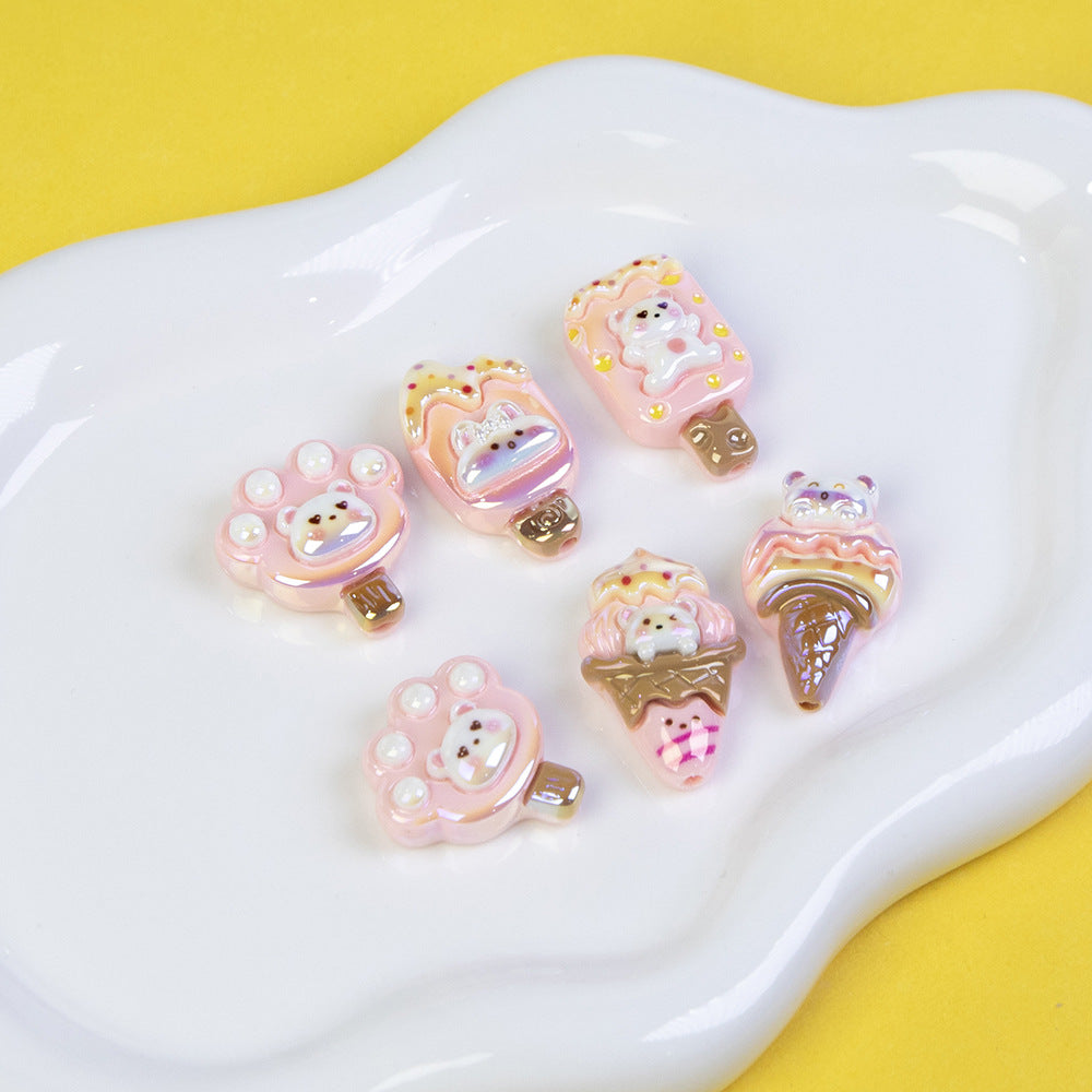 Bear Ice Cream Series Resin Beads Glossy Pastel Pink 20pcs 3