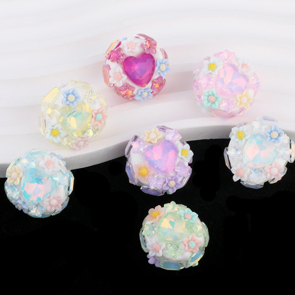 Polymer Clay Heart Rhinestone Beads 25mm Flat Shimmer 6pcs
