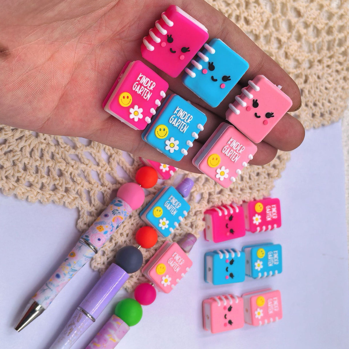 Silicone 3D Focal Beads Kindergarten Smiley Flower Book Spiral Binding 20pcs 3