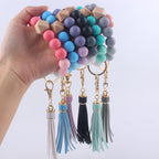 Silicone Beaded Wristlet Keychain with Wooden Beads and Leather Tassel 8cm 3