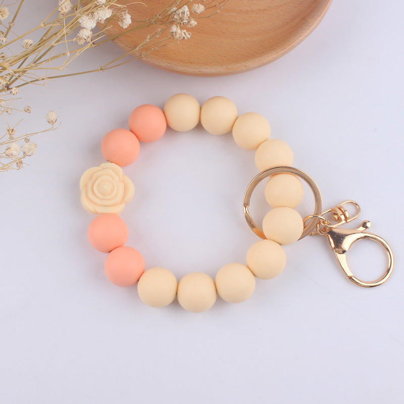 Silicone Beaded Daisy Rose Wristlet Keychain with Gold Clasp 16