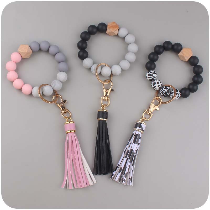 Silicone Beaded Wristlet Keychain with PU Tassel and Wood Accent 2