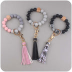 Silicone Beaded Wristlet Keychain with PU Tassel and Wood Accent 2