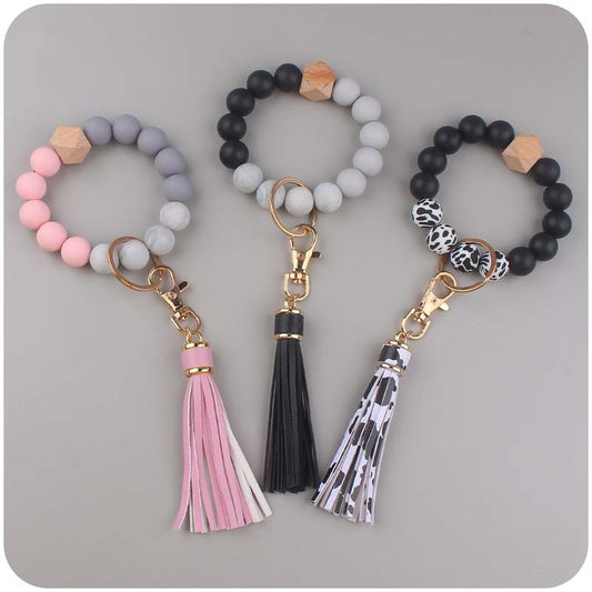 Silicone Beaded Wristlet Keychain with PU Tassel and Wood Accent 2