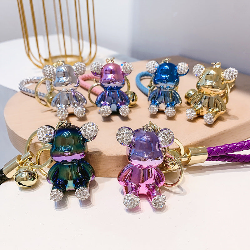 Acrylic Electroplated Bear Keychain with Braided Strap and Crystal Accents 2