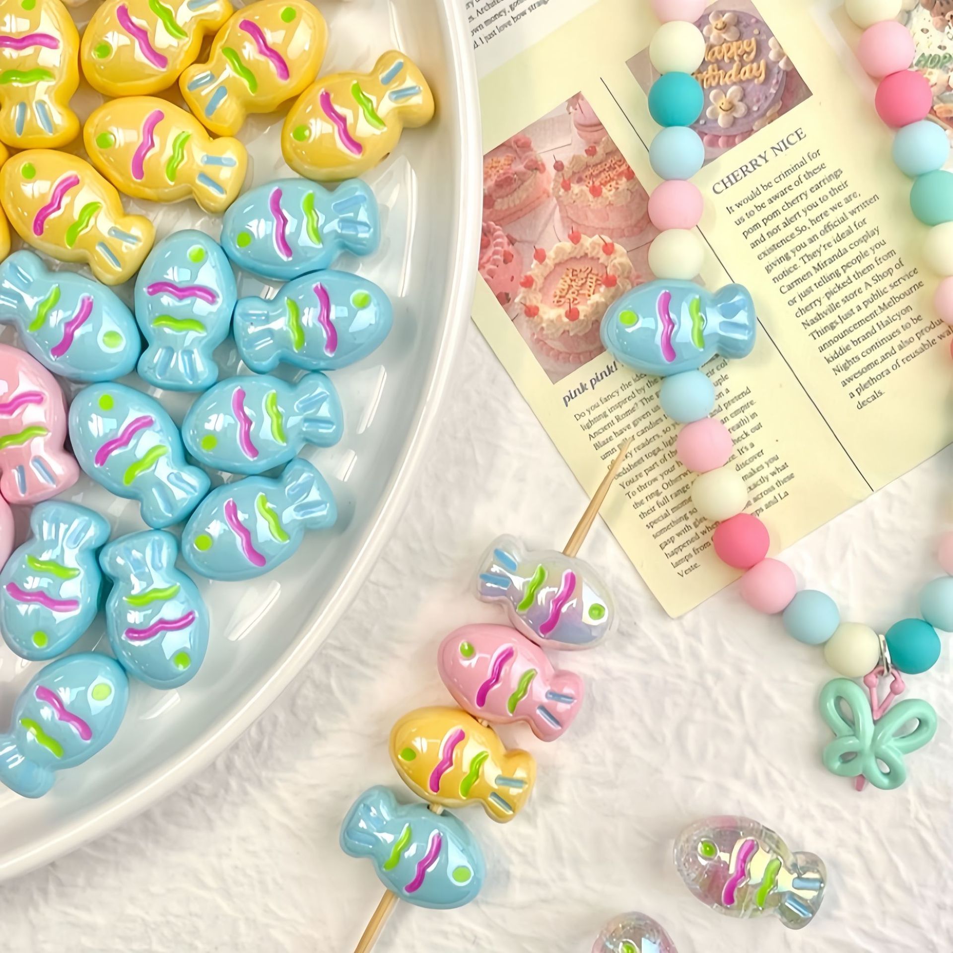 Painted Fish Acrylic Beads 22x13mm Glossy Pastel Neon Wavy Lines 10pcs 3