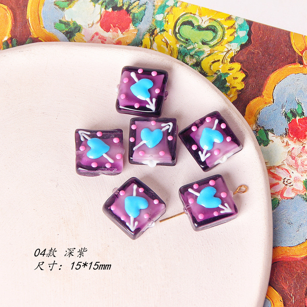 Lampwork Glass Beads Square 15mm Hand Painted Dotted Heart 10pcs 9