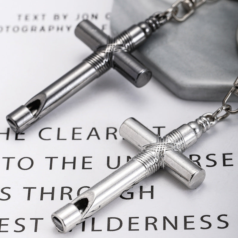 Alloy Cross Whistle Keychain Zinc Metal Industrial Style Silver Black 3