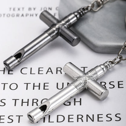 Alloy Cross Whistle Keychain Zinc Metal Industrial Style Silver Black 3