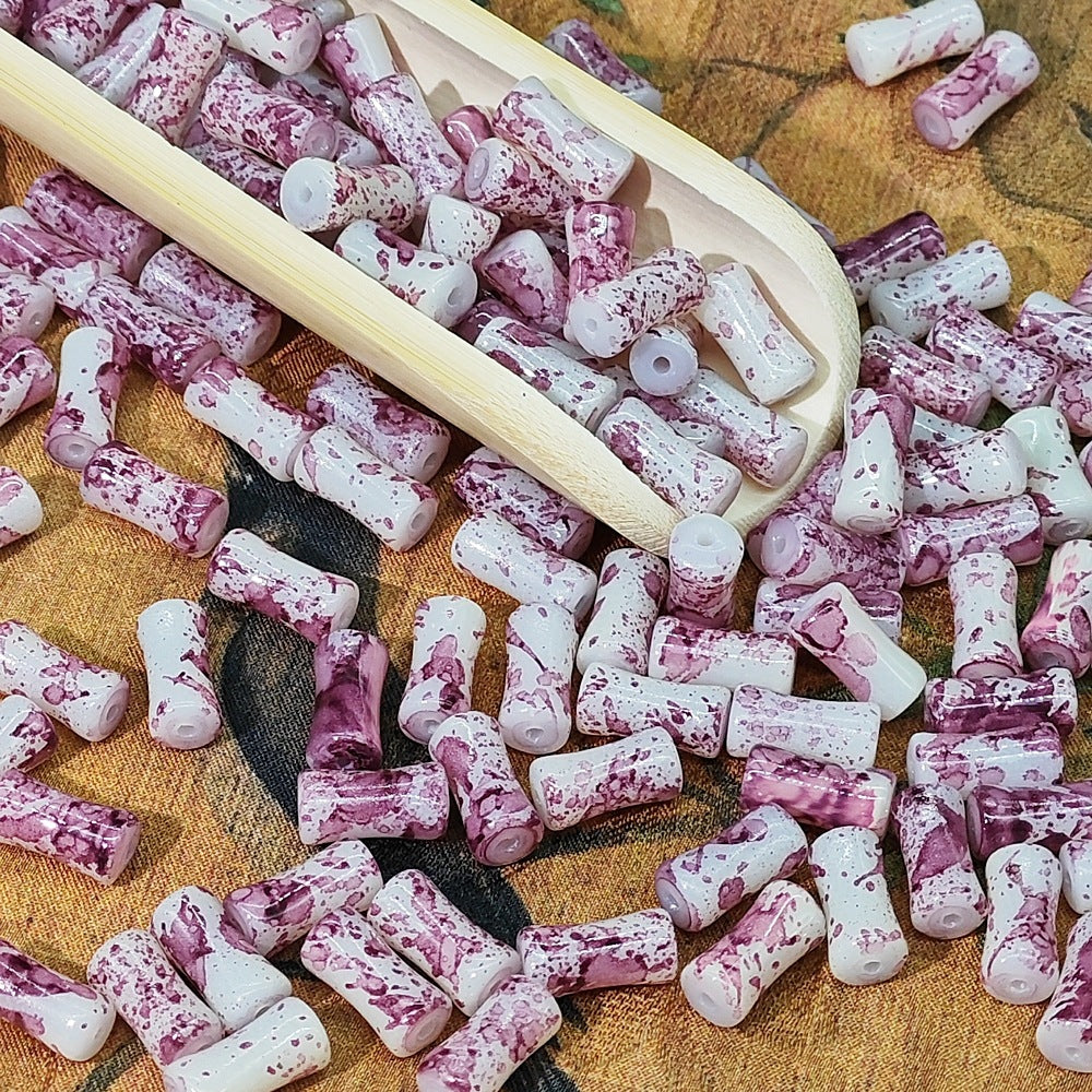 Painted Bamboo Tube Glass Beads 6X12mm Marbled Earth Tone 50pcs 14